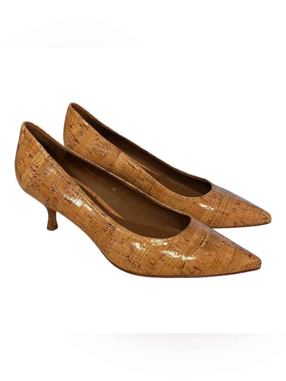 Donald Pliner Rome Tan Patent Leather Cork Sz 8 Pointed Toe Kitten Heel Pump